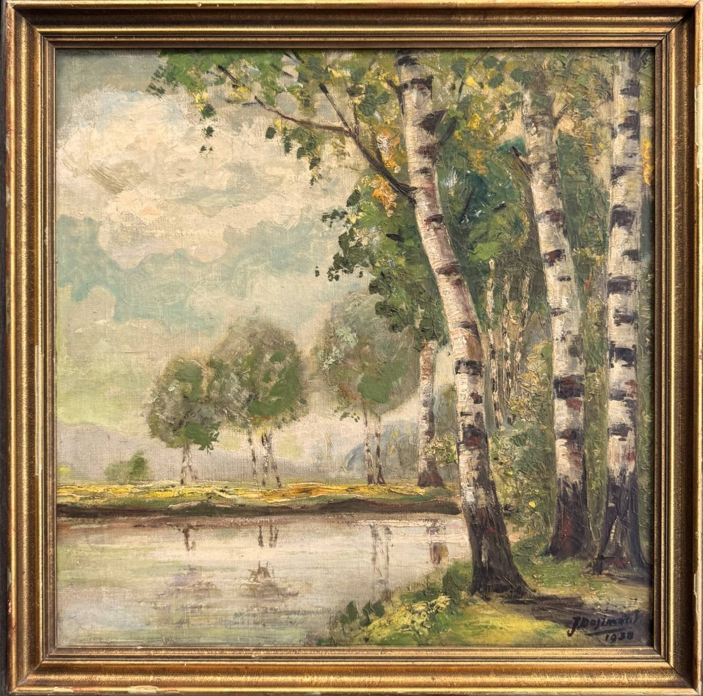 Vintage Birch Tree Painting 1938, Signed Landscape Art, Trees by the Water